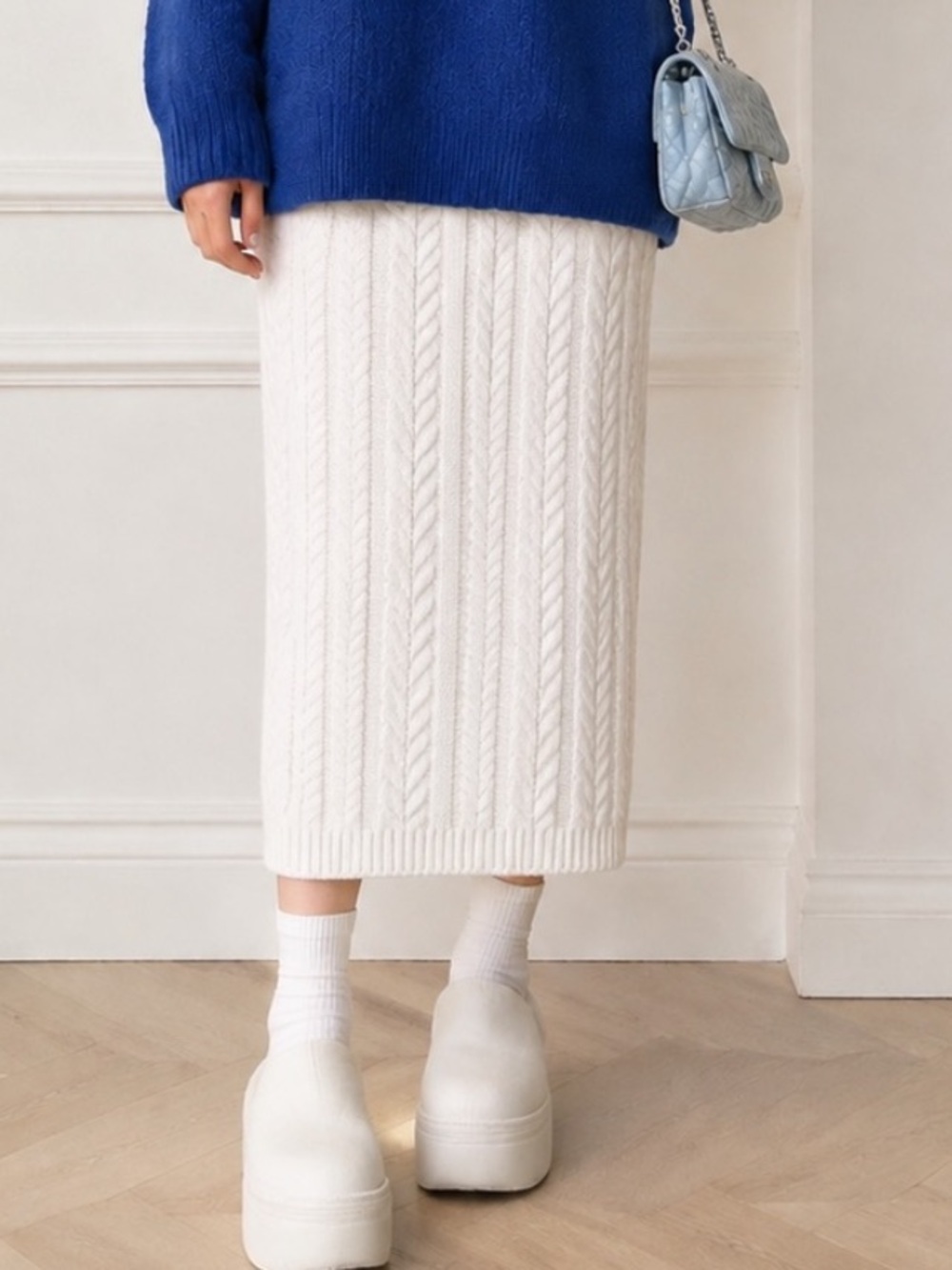 Women’s White Cable Knit Midi Skirt – 68CM Cozy Winter Skirt